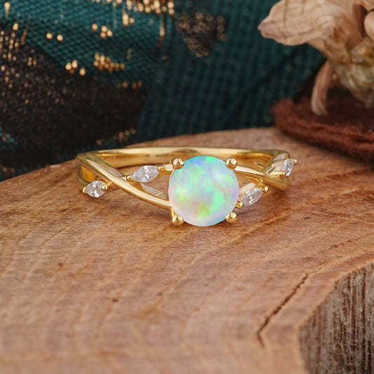 Vintage Round Cut Twisted Band Opal Engagement Ring for Women