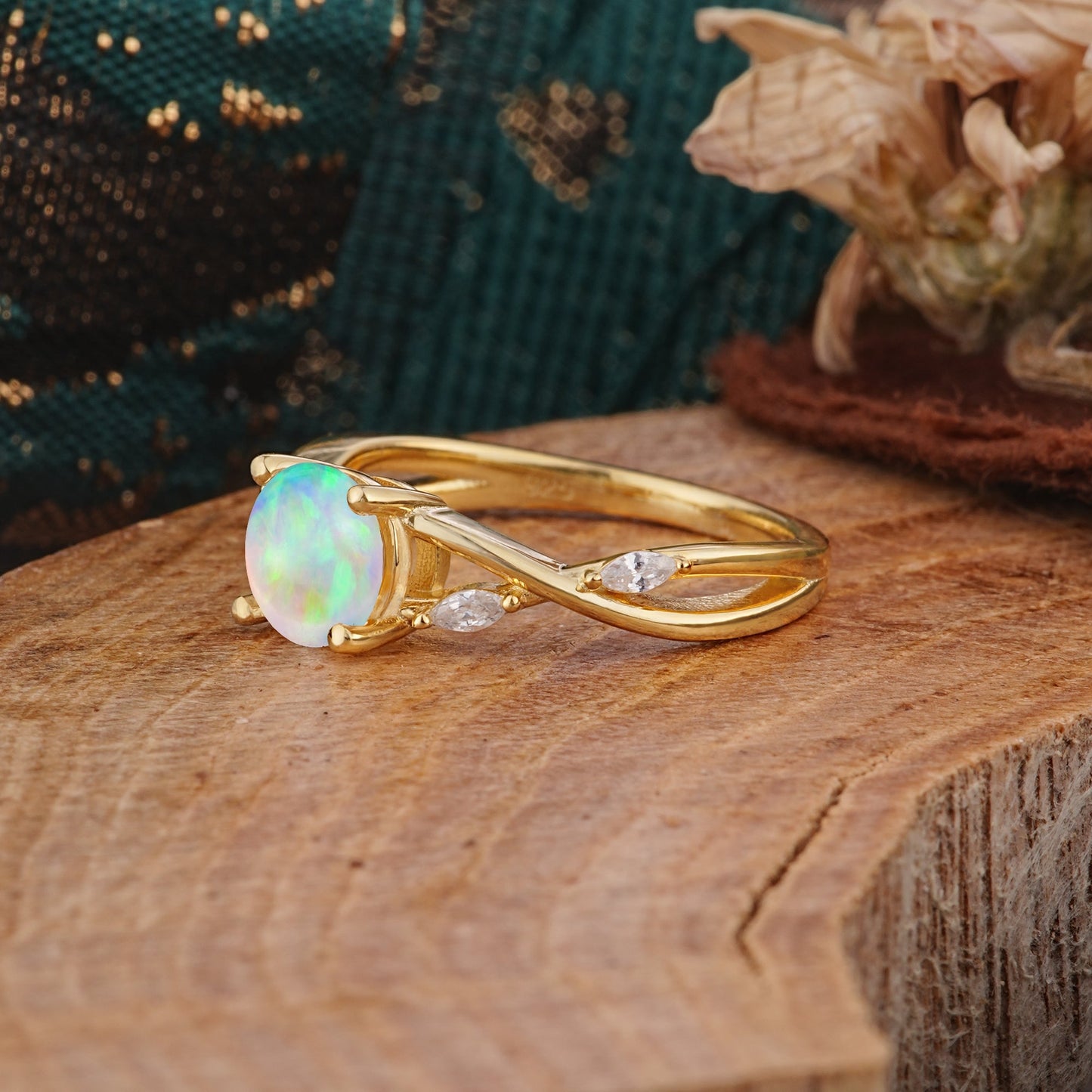 Vintage Round Cut Twisted Band Opal Engagement Ring for Women