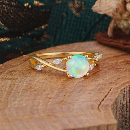 Vintage Round Cut Twisted Band Opal Engagement Ring for Women