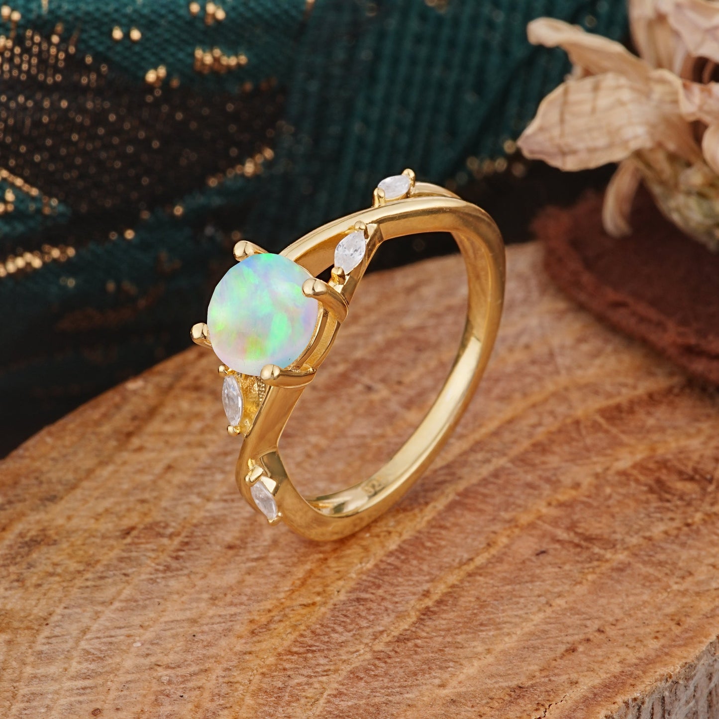 Vintage Round Cut Twisted Band Opal Engagement Ring for Women