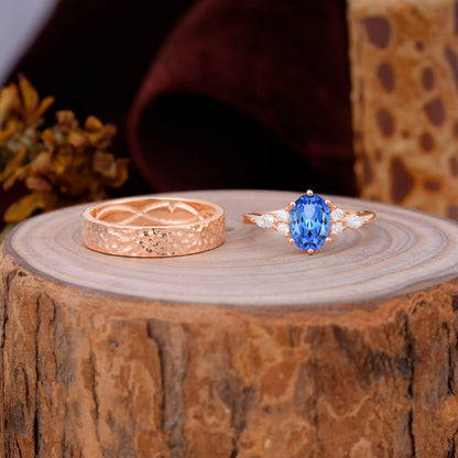 Luxurious 6-Prong Oval-Cut Sapphire Engagement Couple Rings