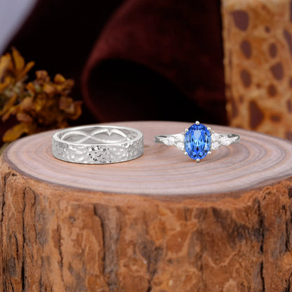 Luxurious 6-Prong Oval-Cut Sapphire Engagement Couple Rings