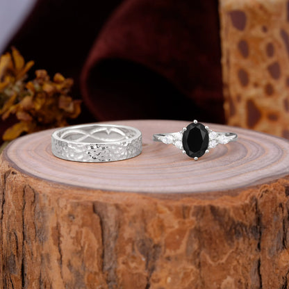 Luxurious 6-Prong Oval-Cut Black Onyx Engagement Couple Rings