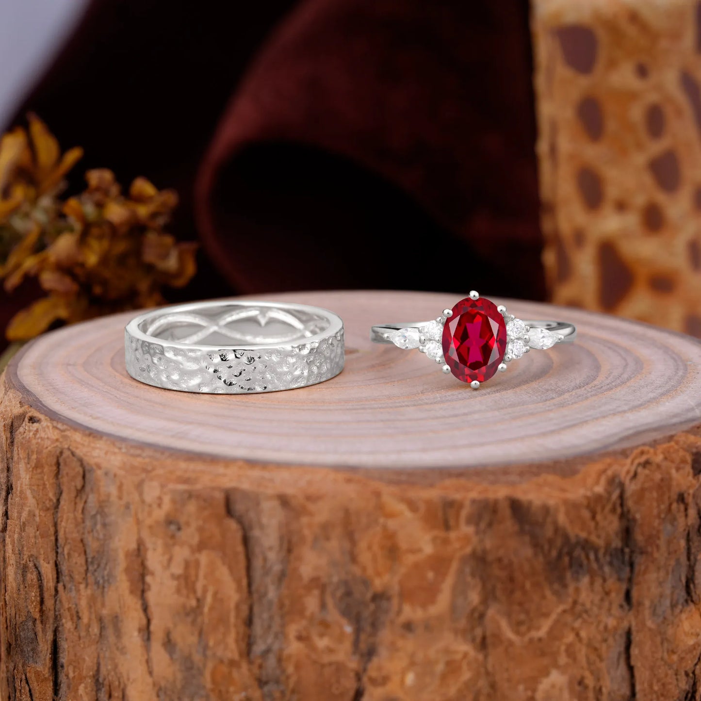 Luxurious 6-Prong Oval-Cut Ruby Engagement Couple Rings