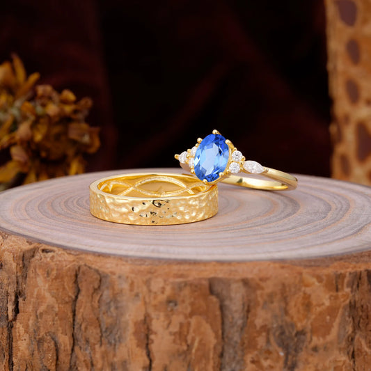 Luxurious 6-Prong Oval-Cut Sapphire Engagement Couple Rings