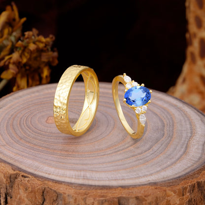 Luxurious 6-Prong Oval-Cut Sapphire Engagement Couple Rings
