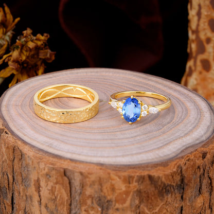 Luxurious 6-Prong Oval-Cut Sapphire Engagement Couple Rings