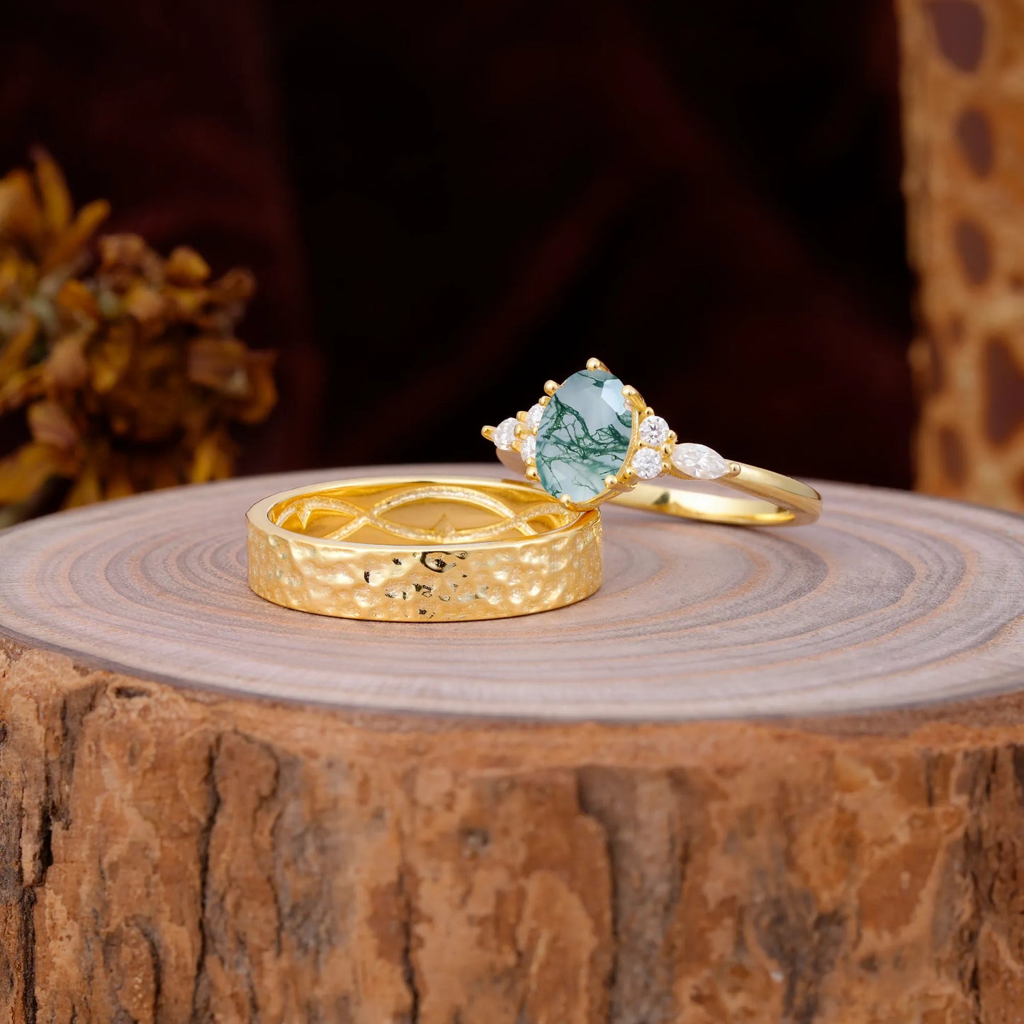 Luxurious 6-Prong Oval-Cut Moss Agate Engagement Couple Rings