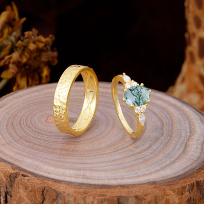 Luxurious 6-Prong Oval-Cut Moss Agate Engagement Couple Rings