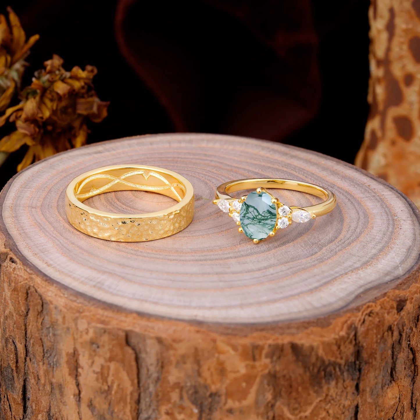 Luxurious 6-Prong Oval-Cut Moss Agate Engagement Couple Rings