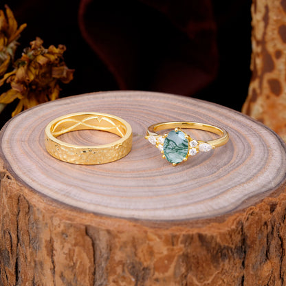 Luxurious 6-Prong Oval-Cut Moss Agate Engagement Couple Rings