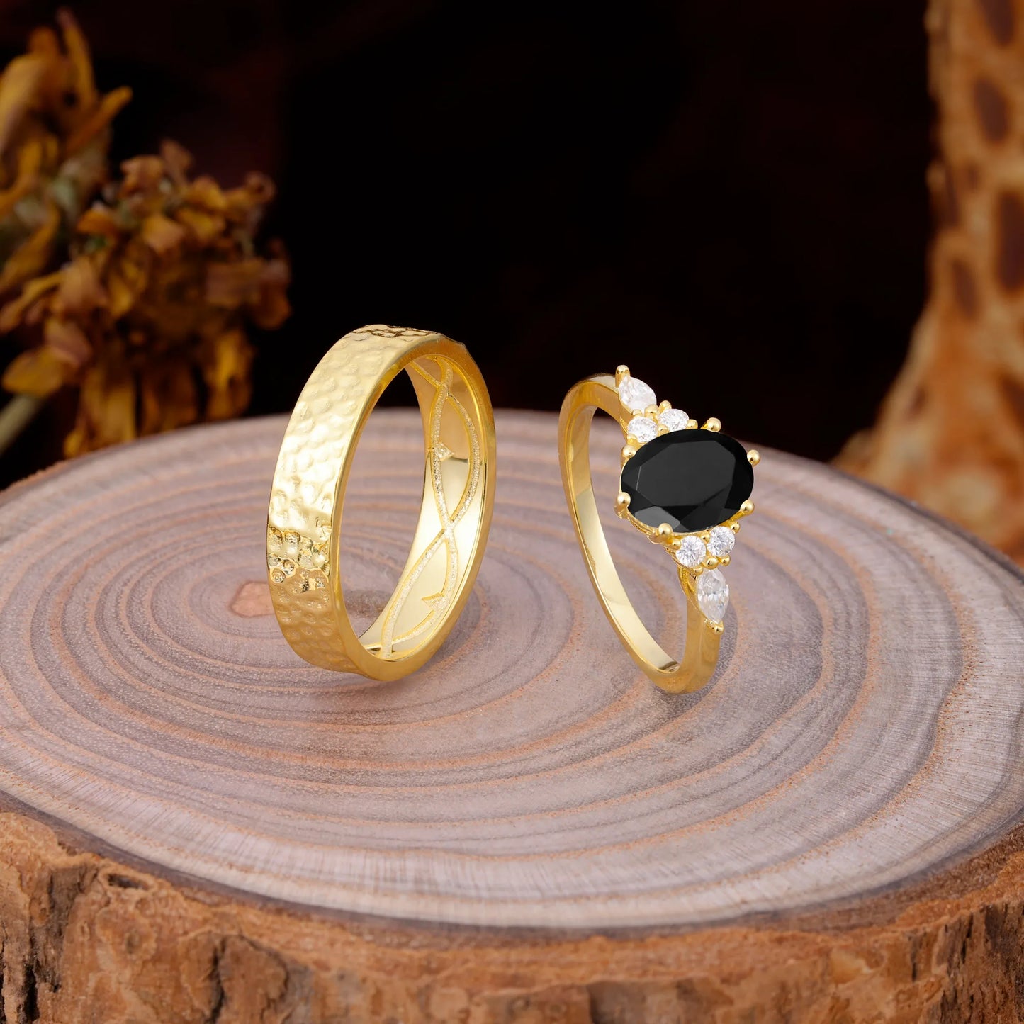 Luxurious 6-Prong Oval-Cut Black Onyx Engagement Couple Rings