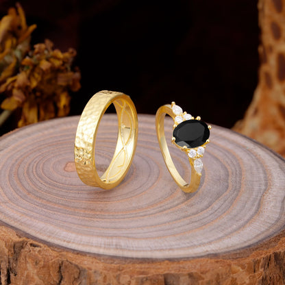 Luxurious 6-Prong Oval-Cut Black Onyx Engagement Couple Rings