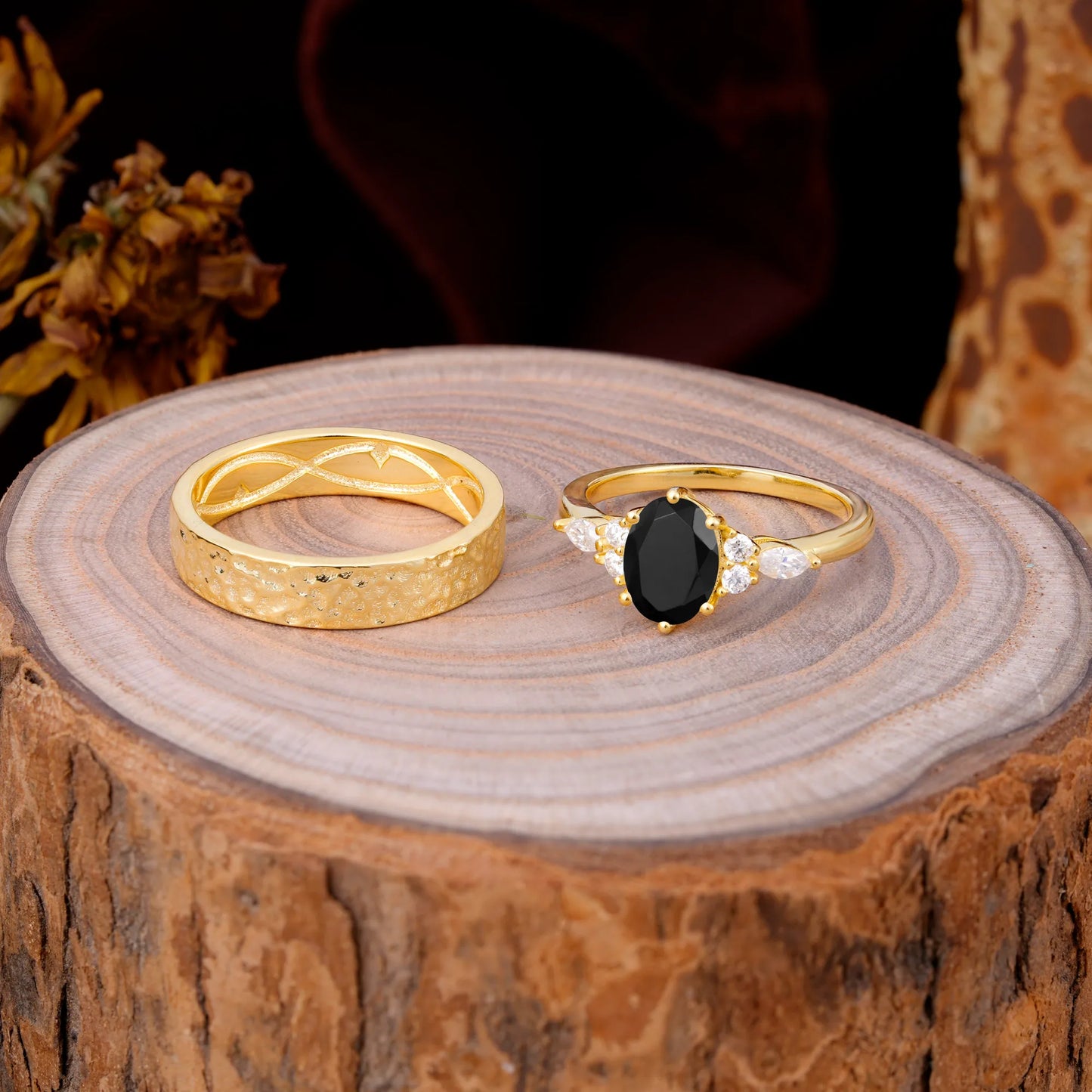 Luxurious 6-Prong Oval-Cut Black Onyx Engagement Couple Rings
