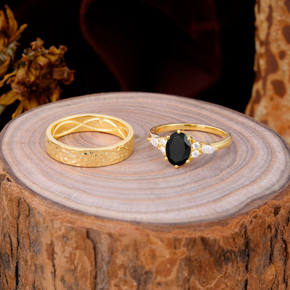 Luxurious 6-Prong Oval-Cut Black Onyx Engagement Couple Rings