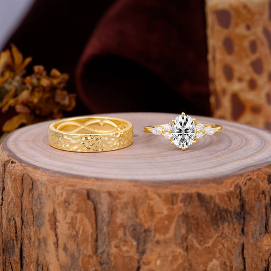 Luxurious 6-Prong Oval-Cut Lab Diamond Engagement Couple Rings