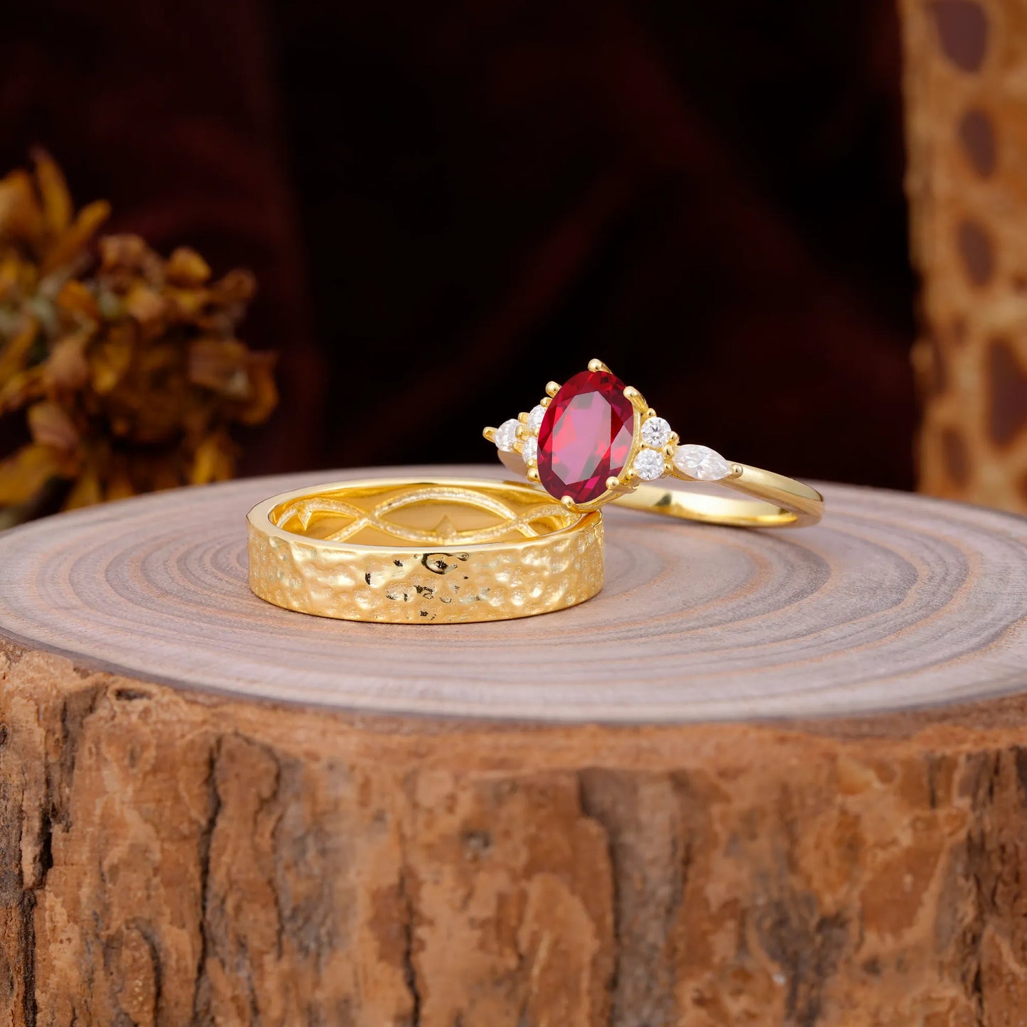 Luxurious 6-Prong Oval-Cut Ruby Engagement Couple Rings