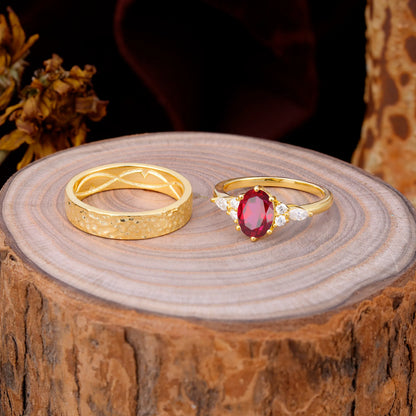 Luxurious 6-Prong Oval-Cut Ruby Engagement Couple Rings