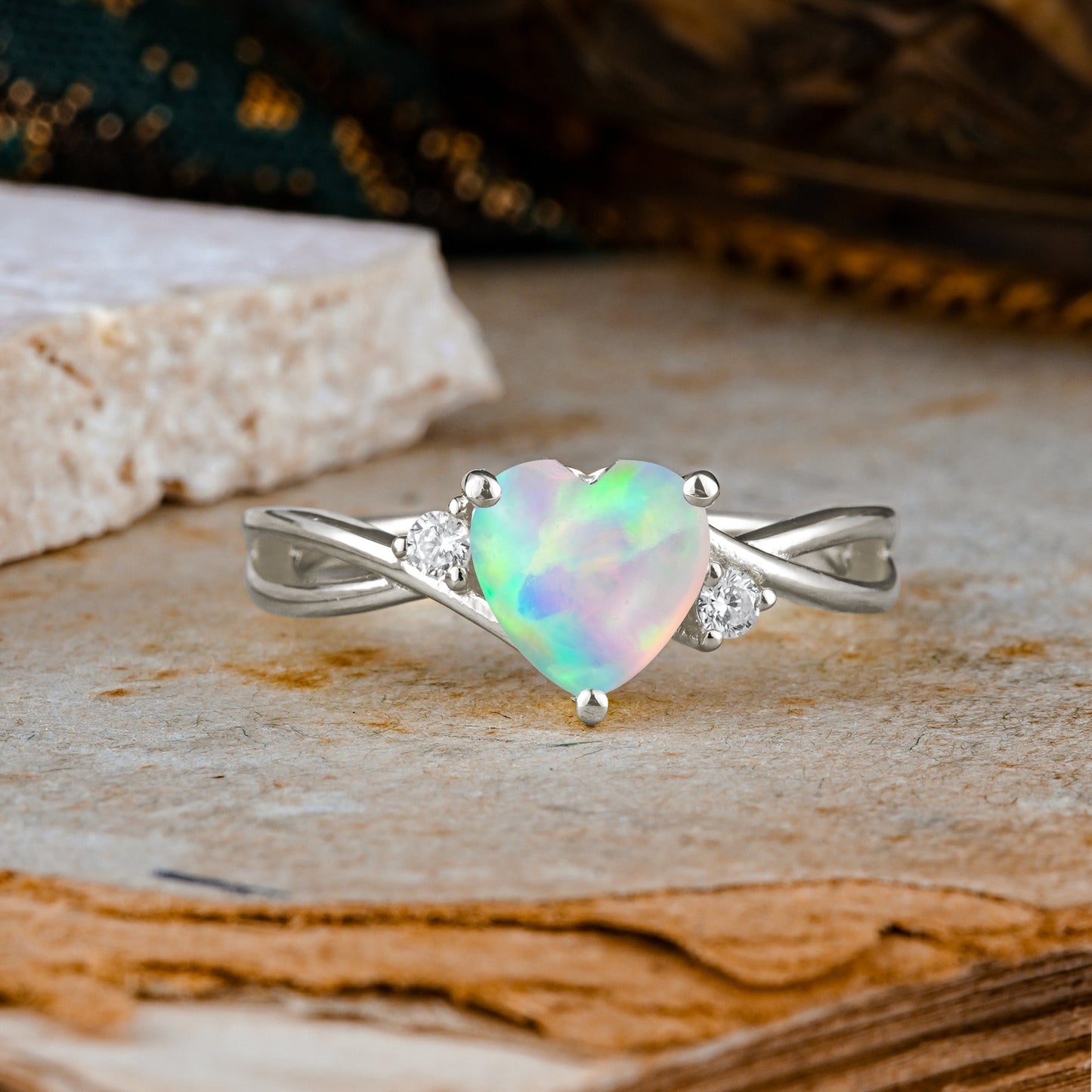 Infinity Twist Heart Shaped Opal Engagement Ring
