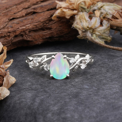 4 Prong Natural Inspired Ring Floral Opal Engagement Ring Pear Cut Ring
