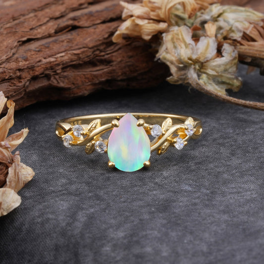 4 Prong Natural Inspired Ring Floral Opal Engagement Ring Pear Cut Ring