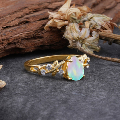 4 Prong Natural Inspired Ring Floral Opal Engagement Ring Pear Cut Ring