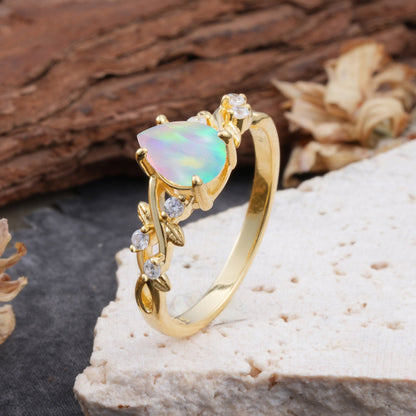4 Prong Natural Inspired Ring Floral Opal Engagement Ring Pear Cut Ring