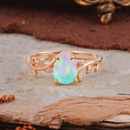Organic Vine-Entwined 4-Prong Pear-Cut Opal Engagement Ring
