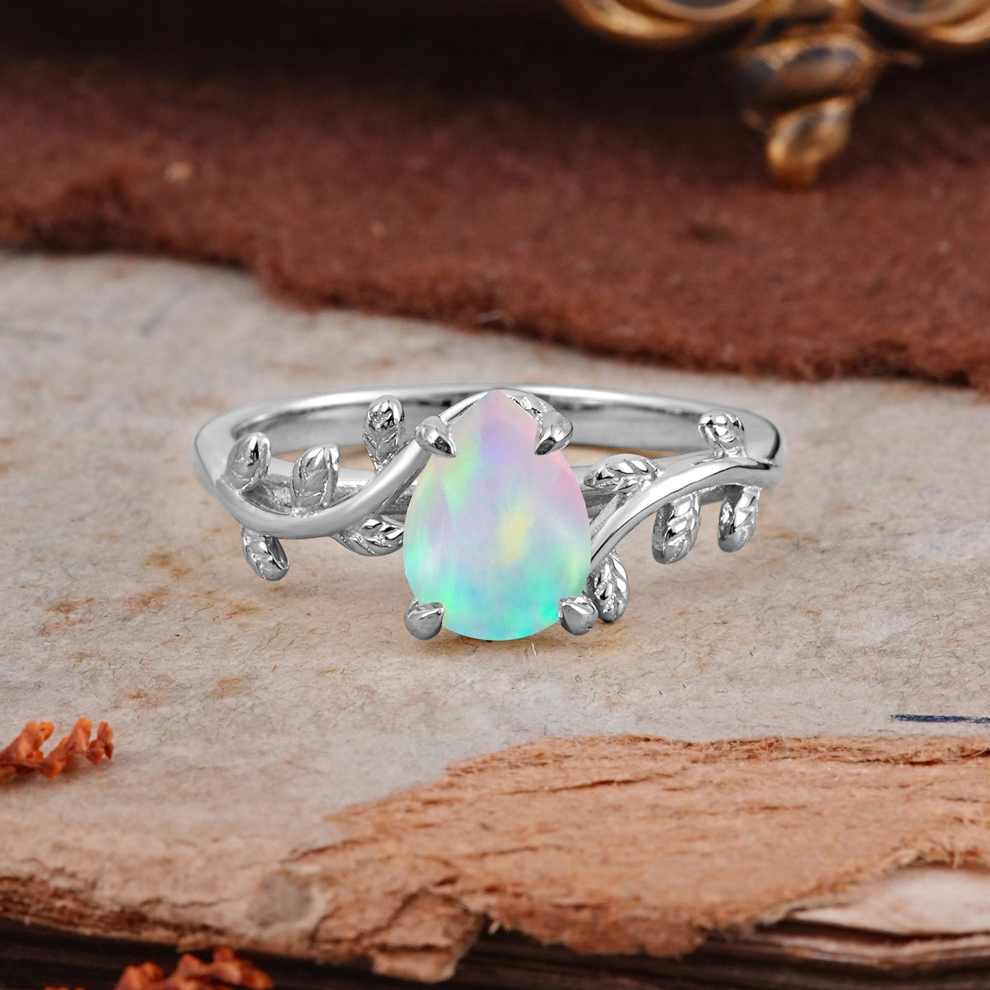 Organic Vine-Entwined 4-Prong Pear-Cut Opal Engagement Ring