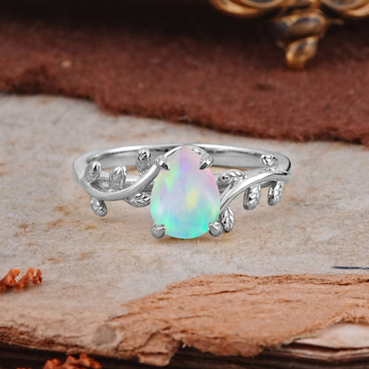 Organic Vine-Entwined 4-Prong Pear-Cut Opal Engagement Ring