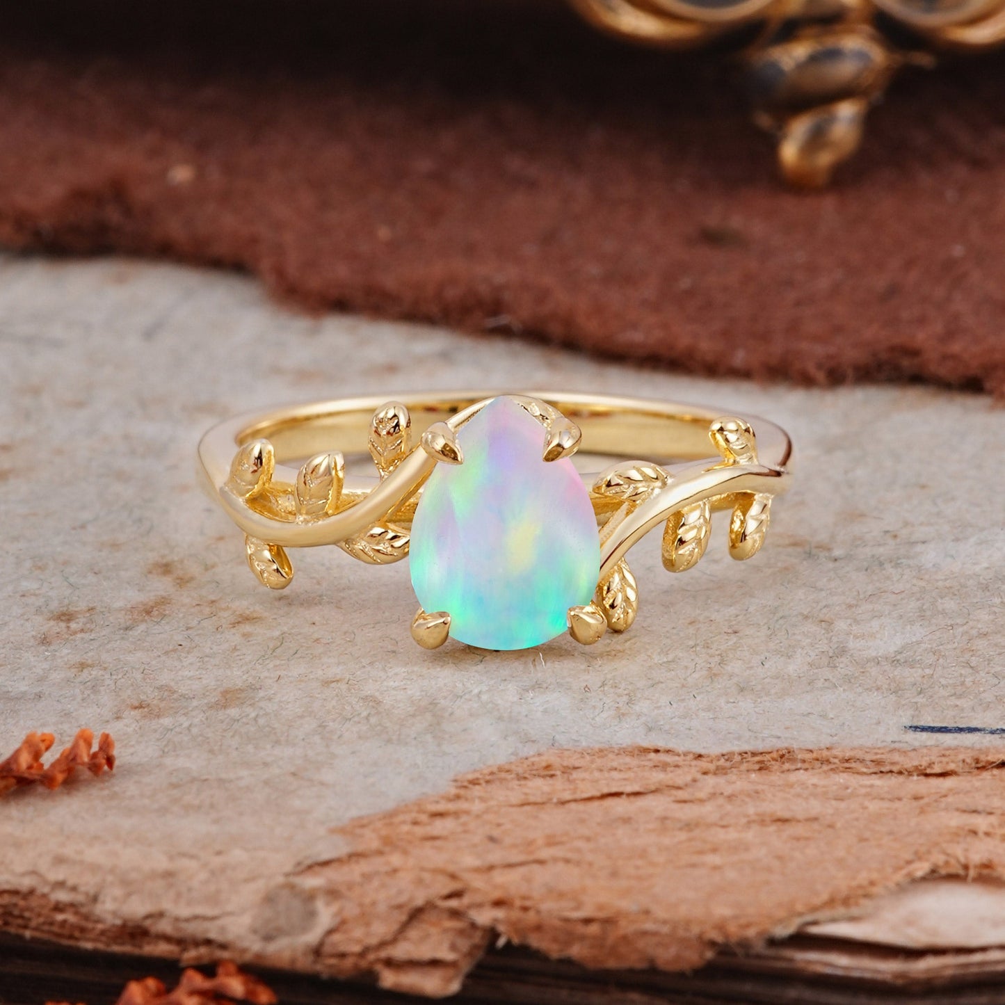 Organic Vine-Entwined 4-Prong Pear-Cut Opal Engagement Ring
