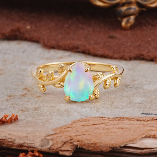 Organic Vine-Entwined 4-Prong Pear-Cut Opal Engagement Ring