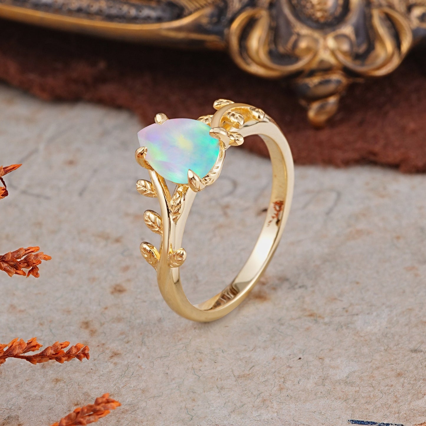 Organic Vine-Entwined 4-Prong Pear-Cut Opal Engagement Ring