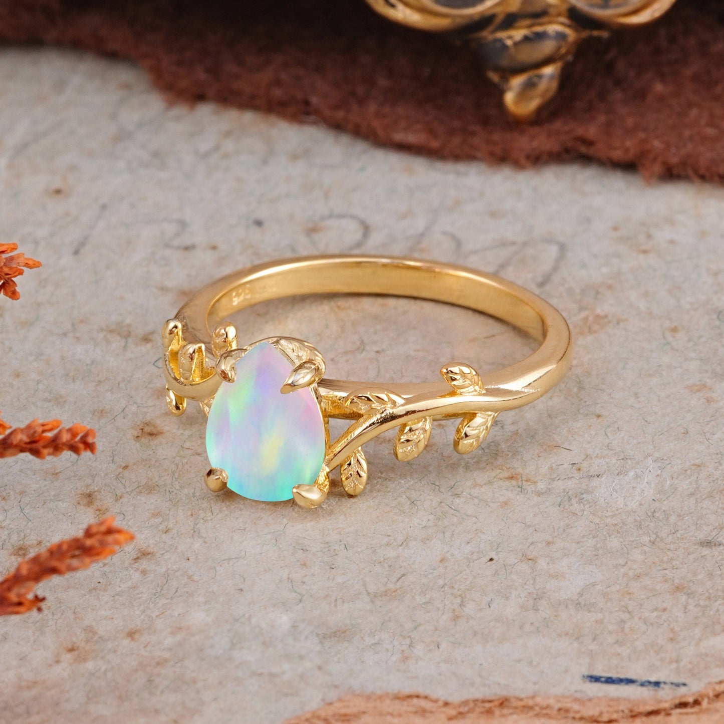 Organic Vine-Entwined 4-Prong Pear-Cut Opal Engagement Ring