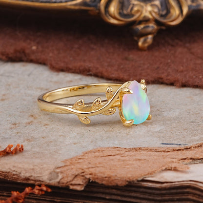 Organic Vine-Entwined 4-Prong Pear-Cut Opal Engagement Ring