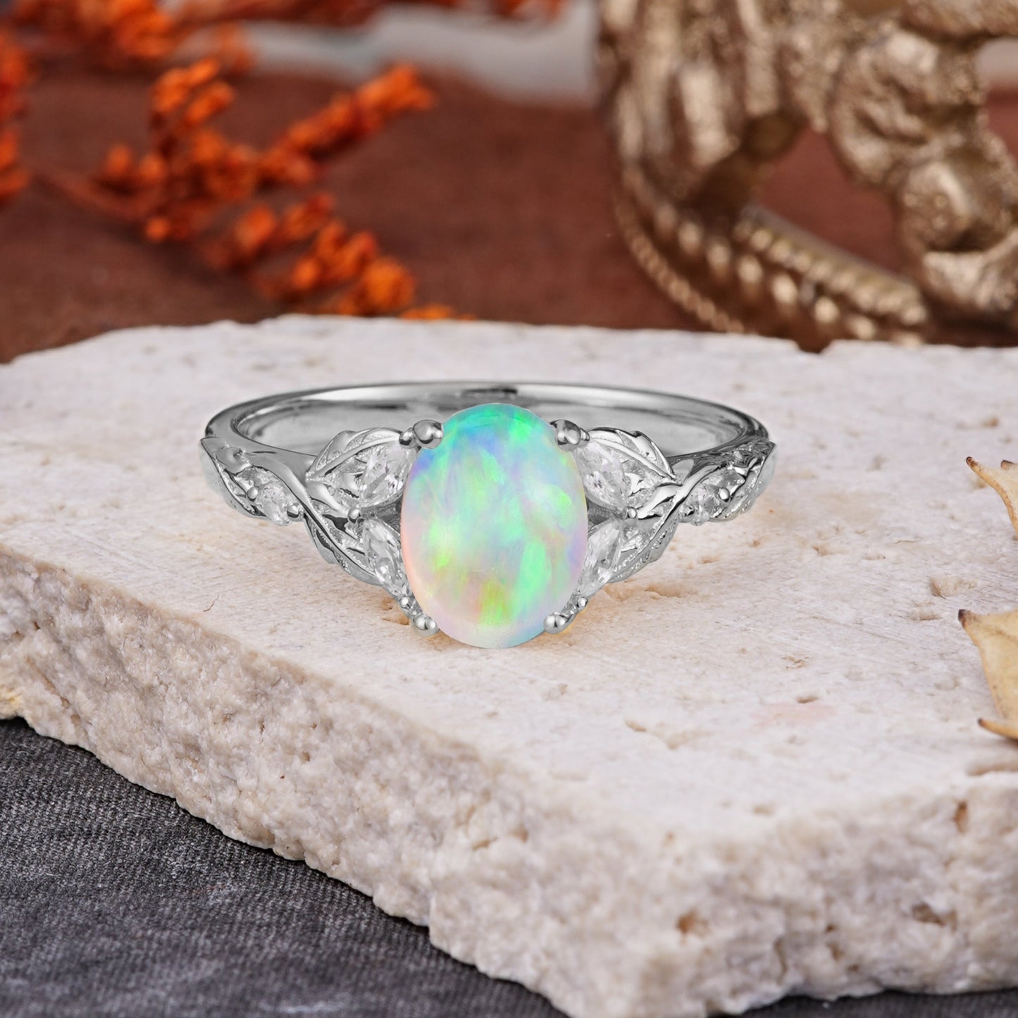 Vintage Leaf 4-Prong Oval Opal Engagement Ring for Women