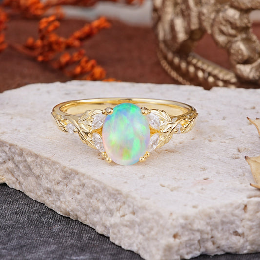 Vintage Leaf 4-Prong Oval Opal Engagement Ring for Women