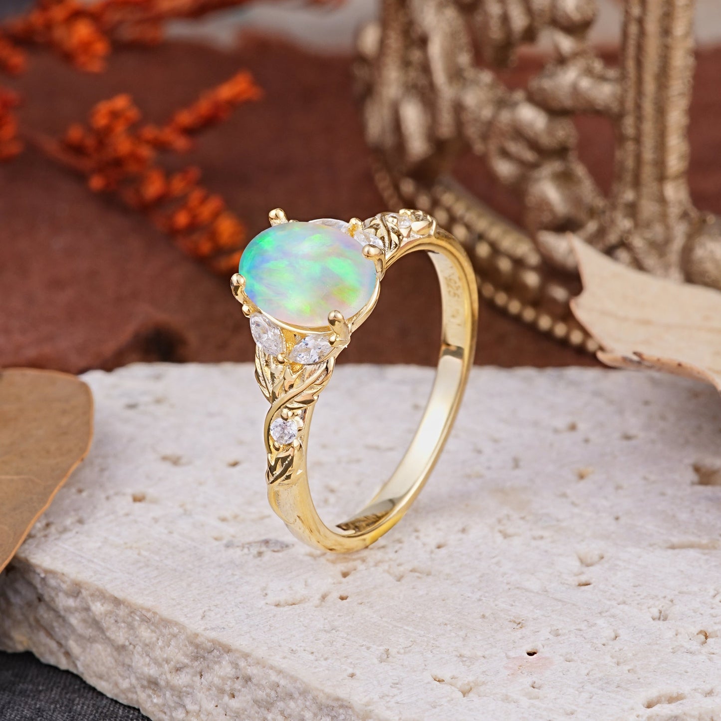 Vintage Leaf 4-Prong Oval Opal Engagement Ring for Women
