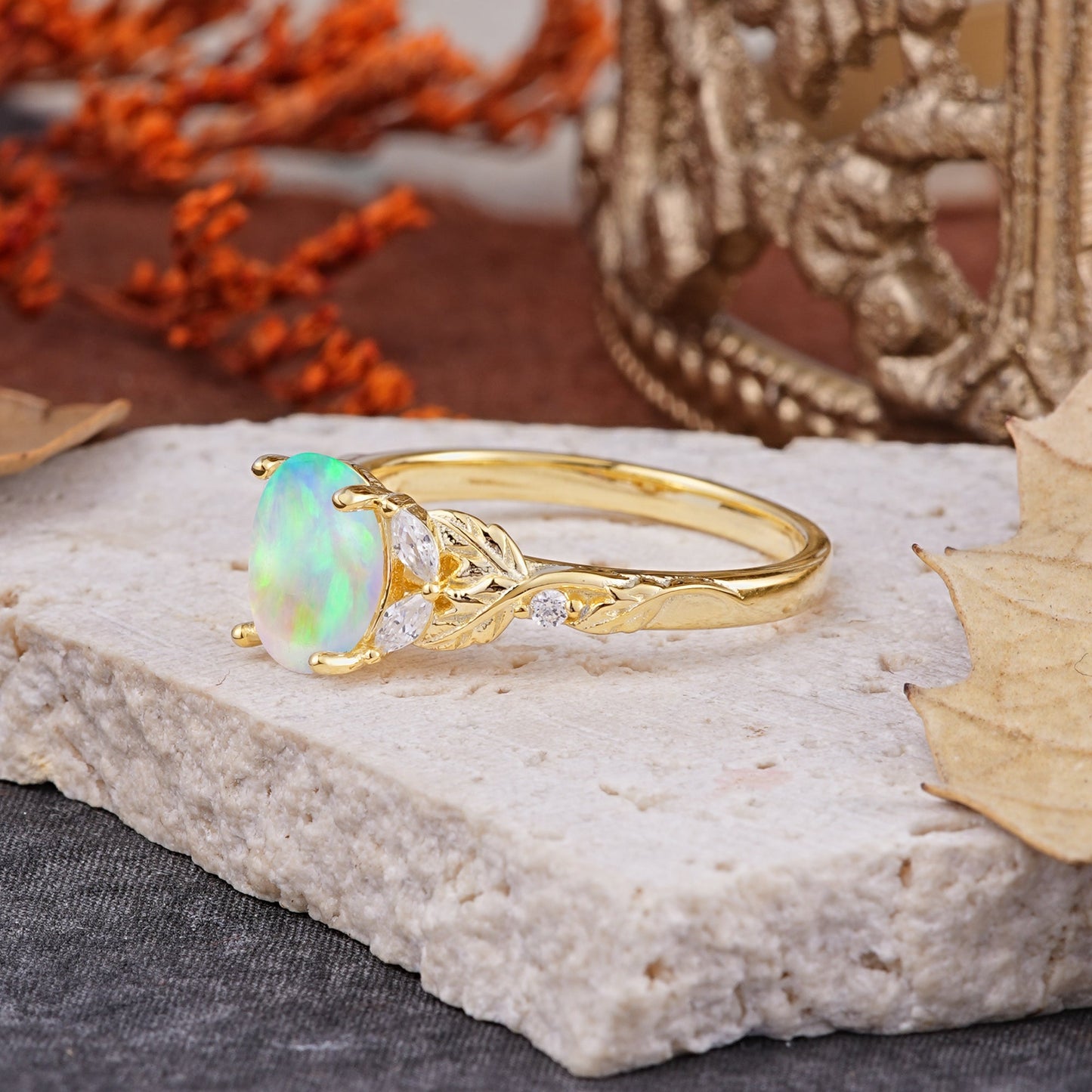 Vintage Leaf 4-Prong Oval Opal Engagement Ring for Women