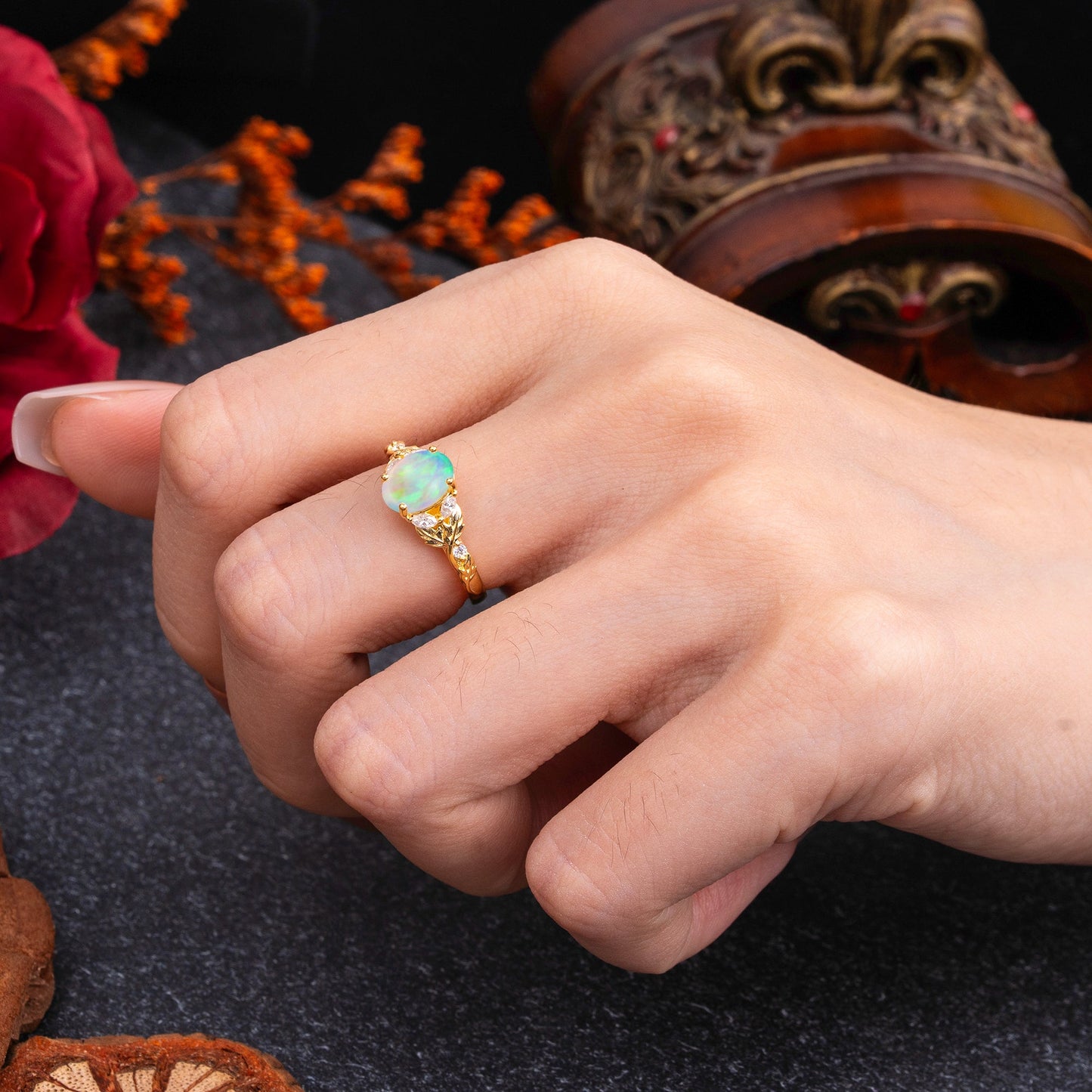 Vintage Leaf 4-Prong Oval Opal Engagement Ring for Women