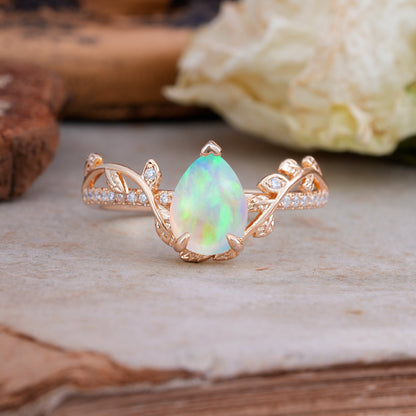 Pear Cut Leaf Vine Opal Engagement Ring