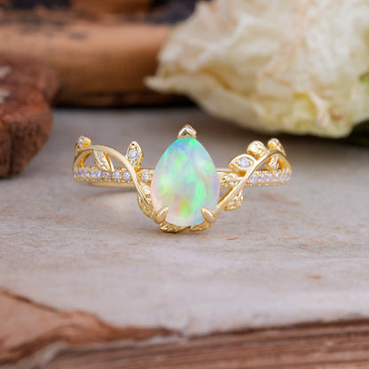 Pear Cut Leaf Vine Opal Engagement Ring