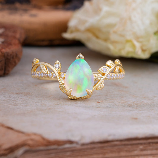 Pear Cut Leaf Vine Opal Engagement Ring