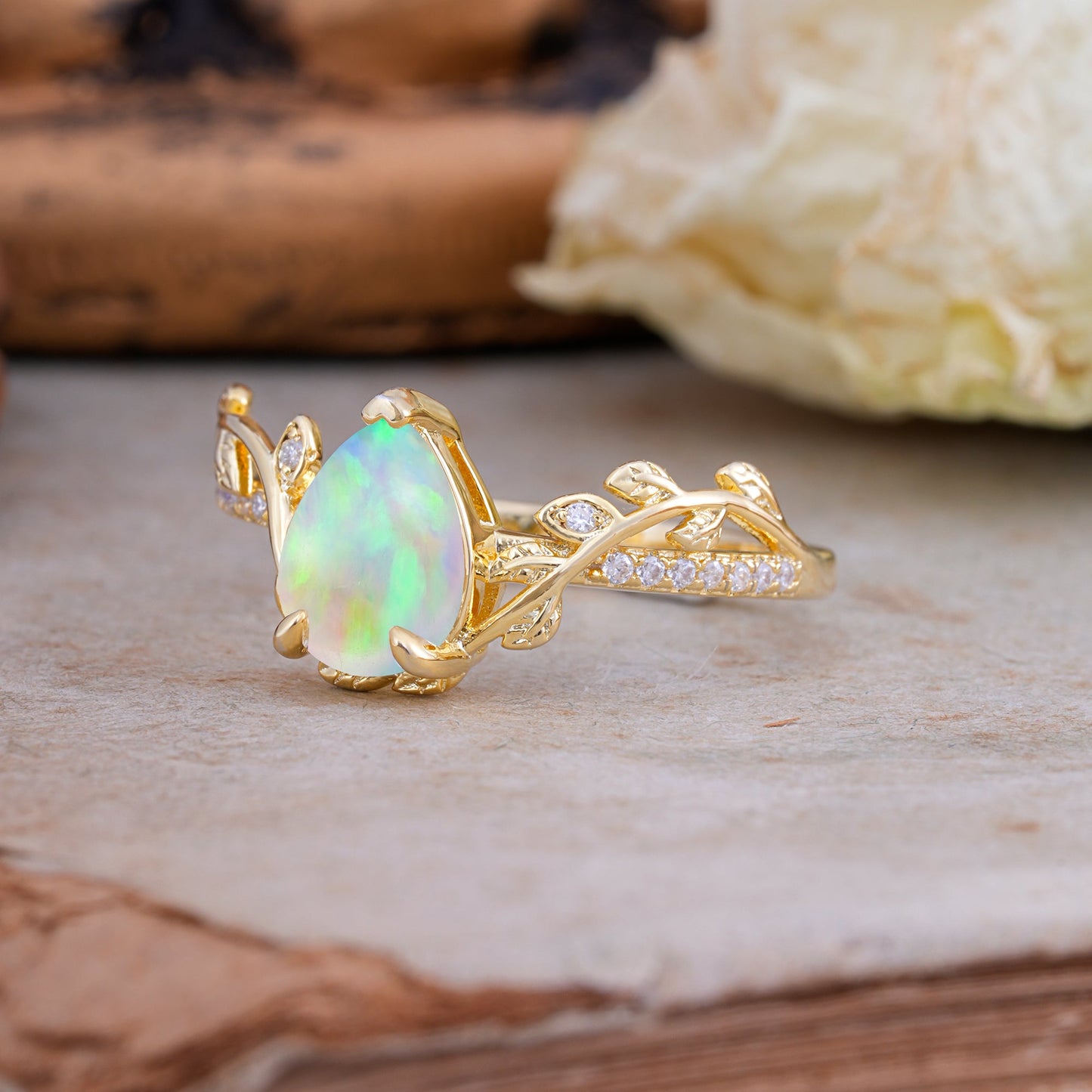 Pear Cut Leaf Vine Opal Engagement Ring
