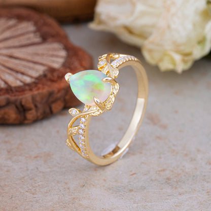 Pear Cut Leaf Vine Opal Engagement Ring