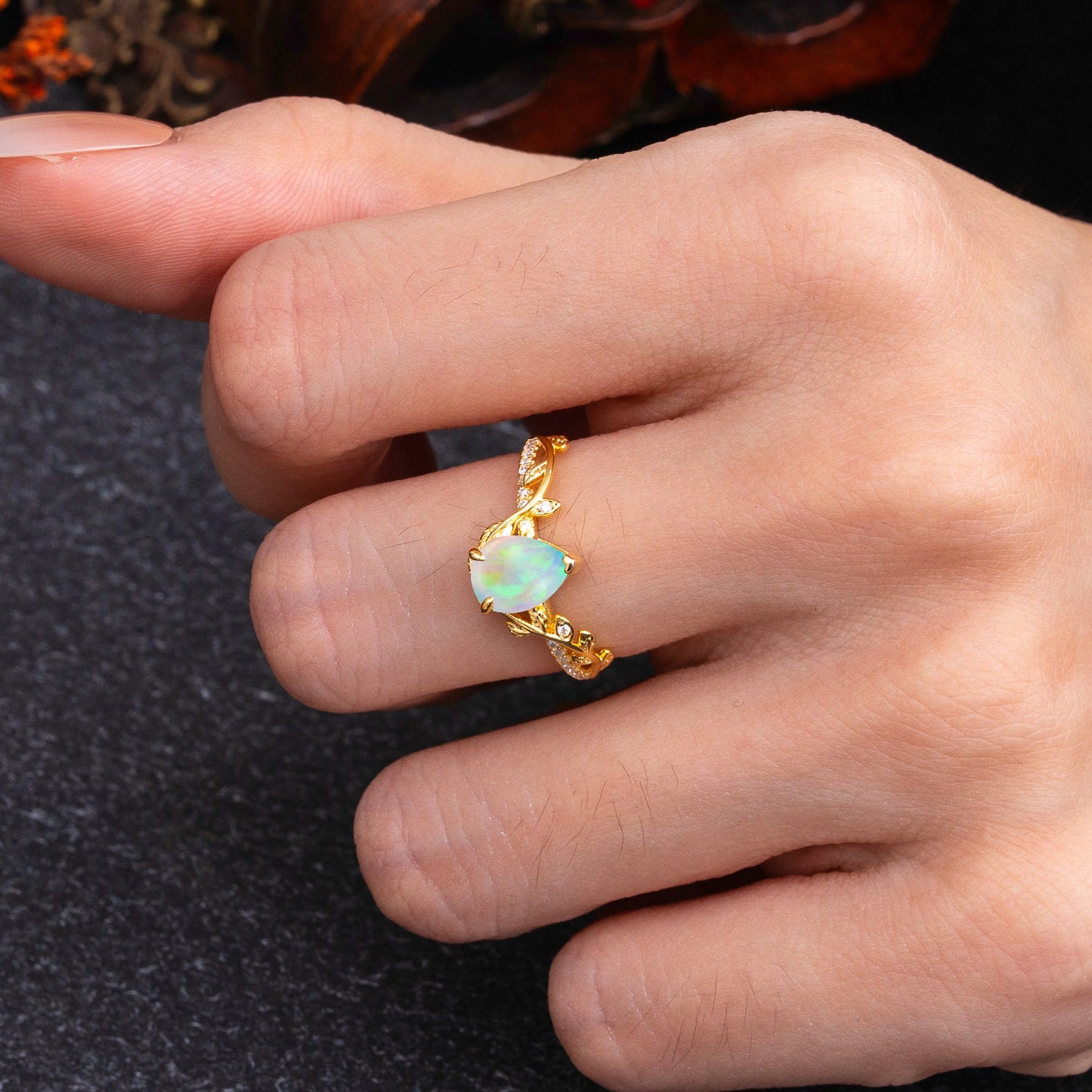Pear Cut Leaf Vine Opal Engagement Ring