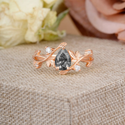 Branch-Inspired 3-Prong Pear-Cut Black Rutilated Quartz Engagement Ring