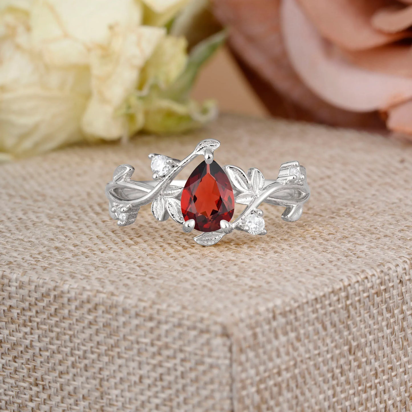 Branch-Inspired 3-Prong Pear-Cut Natural Garnet Engagement Ring