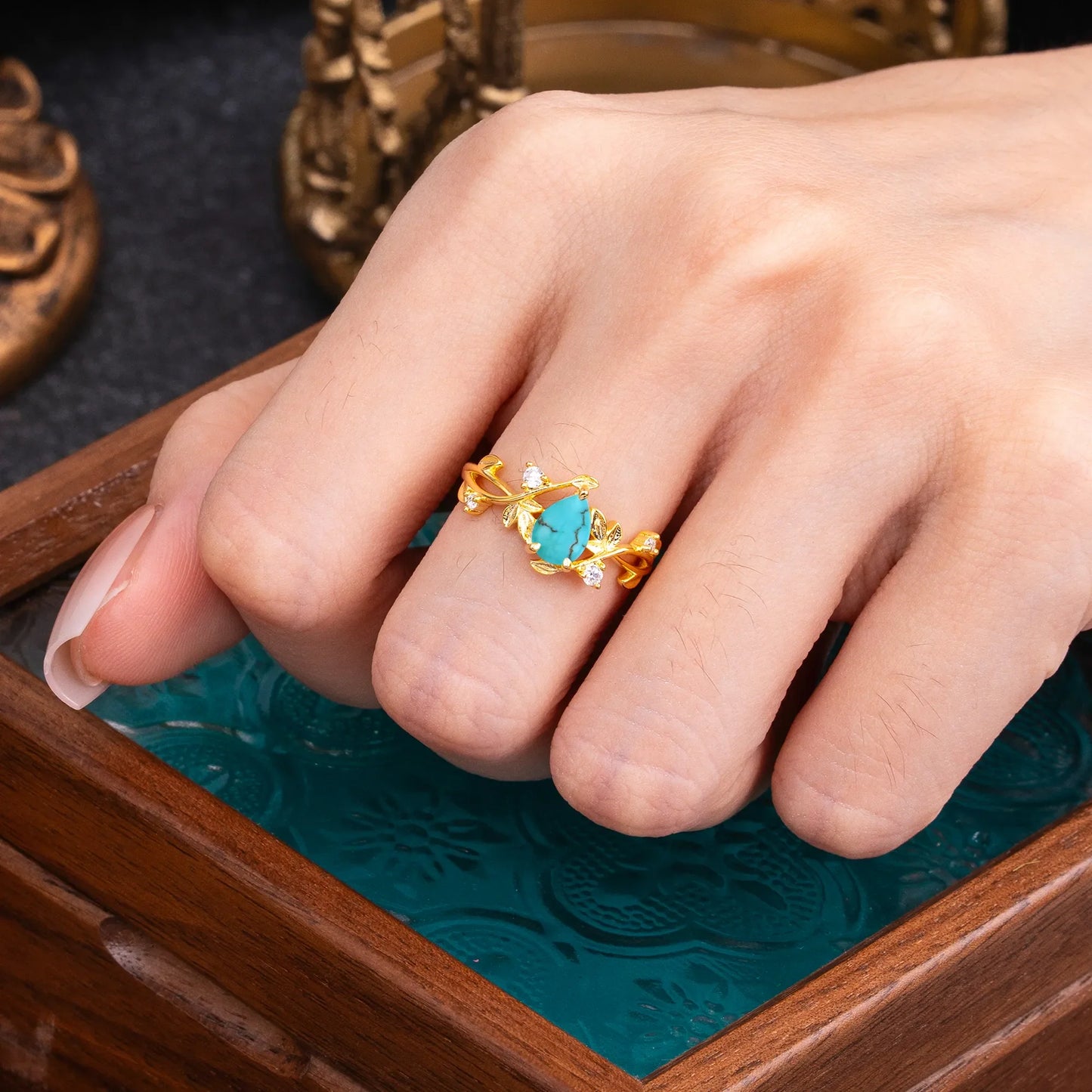 Branch-Inspired 3-Prong Pear-Cut Turquoise Engagement Ring
