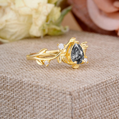 Branch-Inspired 3-Prong Pear-Cut Black Rutilated Quartz Engagement Ring